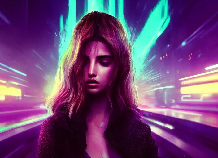 Prompt: breathtakingly beautiful Ana de Armas in blade runner 2049, long flowing hair, trending on artstation, unreal engine, purple neon, green rain, 35mm, radiant face