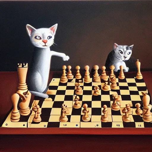 Image similar to cats playing chess, surreal oil painting