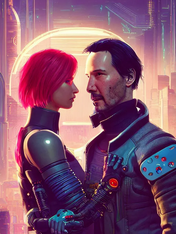 Prompt: a cyberpunk 2077 couple portrait of Keanu Reeves & female android in final kiss,love,by Laurie Greasley,Lawrence Alma-Tadema,Dan Mumford,artstation,deviantart,FAN ART,full of color,Digital painting,face enhance,highly detailed,8K,octane,golden ratio,cinematic lighting