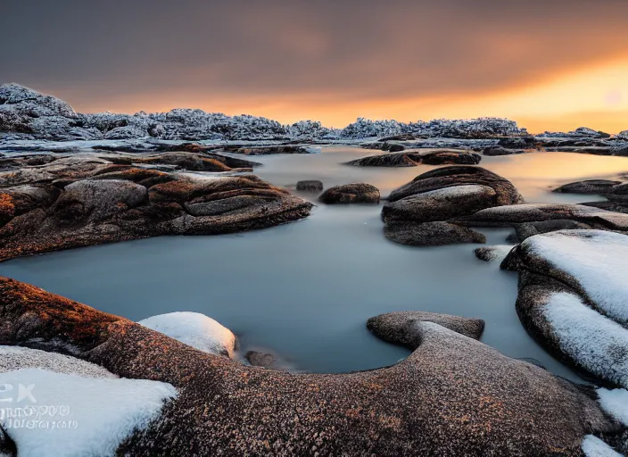 Prompt: photograph of a the archipelago of western sweden, winter, landscape photography, award winning, canon, soft lighting, sony, nikon, 4 k, hd