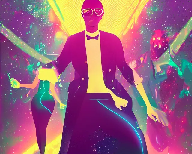 Prompt: a grime tale of the night fever, disco club of the occult, digital painting, artstation, ristan eaton, victo ngai, artgerm, rhads, ross draws, anime styled
