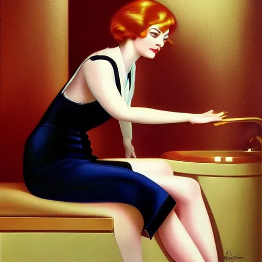 Image similar to emma stone in soviet public toilet, sharp focus, detailed, art by artgerm trufanov rolf armstrong