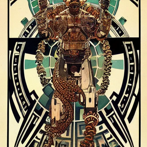 Image similar to majestic, hulking albino clone with engineering diagram tattoos on forehead and rough features, angular steel power armor carved with geometric aztec art deco patterns, on battlefield with strange coiled, spiral clouds, 1 9 7 0 s science fiction concept art photograph by deak ferrand, alphonse mucha, greg rutkowski and carvaggio