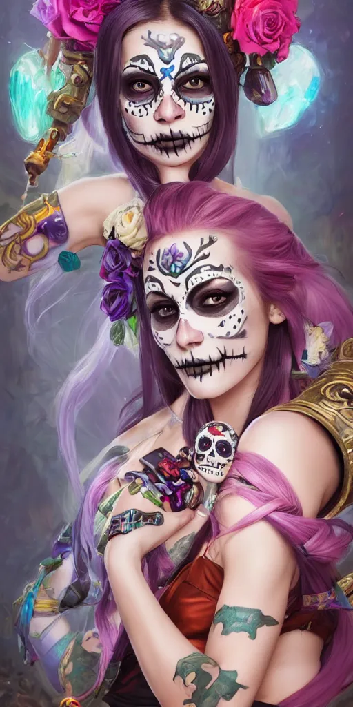 Prompt: uhd portrait photography mirror of jinx and teemo from league of legends with her face painted as in the dia de los muertos, coherent portraits, mmorpg fantasy, intricate, elegant, highly detailed, digital painting, trending on artstation, hdr photo, smooth, sharp focus, illustration, art by artgerm and greg rutkowski and alphonse mucha