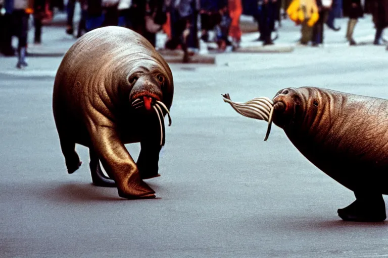 Prompt: closeup potrait of a walrus chasing people in a new york street, natural light, sharp, detailed face, magazine, press, photo, Steve McCurry, David Lazar, Canon, Nikon, focus