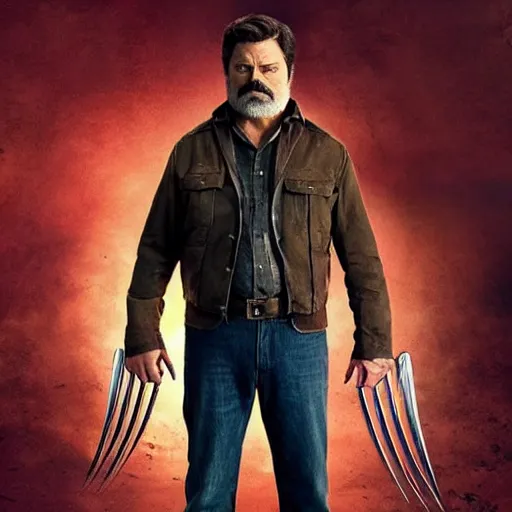 Prompt: logan pictured as nick offerman in wolverine x - men suit, marvel movie still, detailed 8 k, imdb poster style