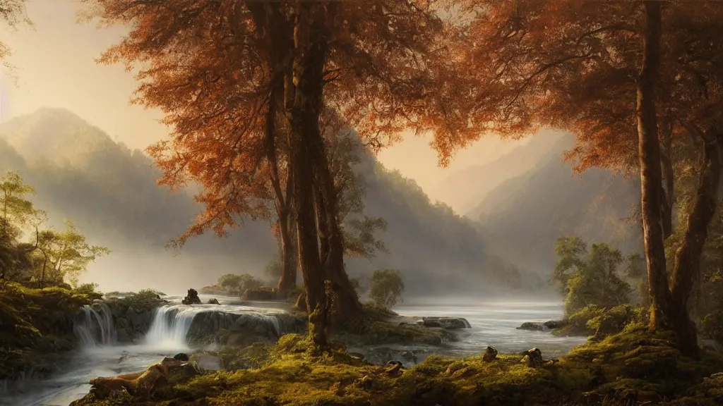 Image similar to the most beautiful panoramic landscape, oil painting, where a giant dreamy waterfall creates a river, the trees around are starting to bloom in a great variety of colors, a majestic deer is drinking water from the river and a ray light of the sunrise is brightening him, there is fog by greg rutkowski