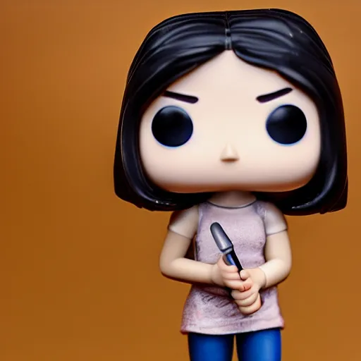 Image similar to funko pop figurine of beautiful smiling girl holding a microphone, very straight brown hair and pale skin wearing blank white thirt and jeans