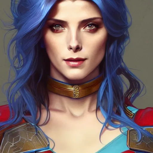 Prompt: Ashley Greene with blue hair as Scarlet Witch, western, D&D, fantasy, intricate, elegant, highly detailed, digital painting, artstation, concept art, matte, sharp focus, illustration, art by Artgerm and Greg Rutkowski and Alphonse Mucha