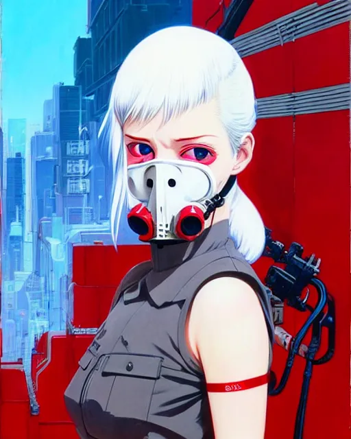 Image similar to white haired cyborg girl wearing a gas mask and red dress | | audrey plaza, fine detail!! anime!! realistic shaded lighting!! poster by ilya kuvshinov katsuhiro otomo ghost - in - the - shell, magali villeneuve, artgerm, jeremy lipkin and michael garmash and rob rey