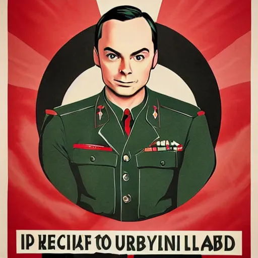 Prompt: propaganda poster of Sheldon Cooper in front of a large army