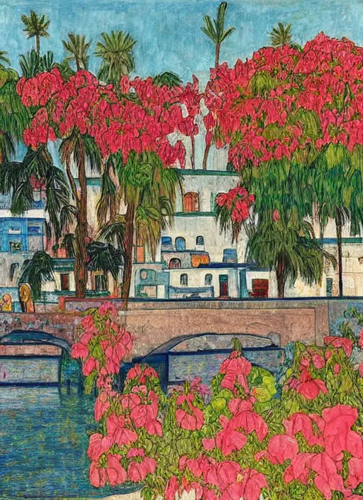 Image similar to ahwaz city in iran with a through arch bridge on local river, 3 boat in river, 2 number house near a lot of palm trees and bougainvillea, hot with shining sun, painting by egon schiele