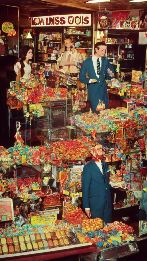 Image similar to 6 0 s photo of a business man in a candy shop, kodachrome