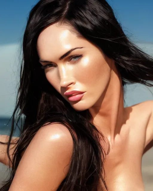 Image similar to Beautiful Head and shoulders portrait of confident flirty megan fox with straight long black hair, wearing a bikini by Zoë Mozert , Stephen Wayda , alberto Vargas, arney freytag, artstation, 35mm, fashion photoshoot, posing on the beach, golden hour, bokeh, rim lighting, fashion pose, octane, 4k