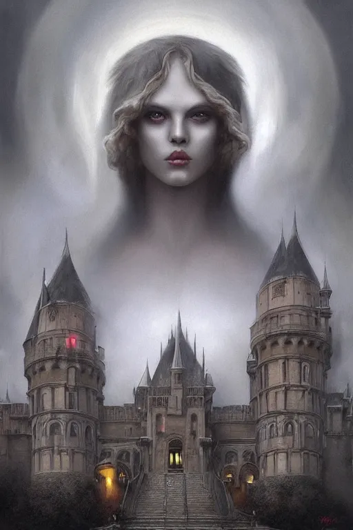 Prompt: By Tom Bagshaw and Boris Vallejo, ultra realist soft painting of a castle court by night female fully dressed, horror, omnious sky, symmetry accurate features, very intricate details, fading rainbow light, black and white, volumetric light clouds, artstation, 8K