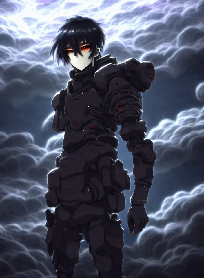 Image similar to a detailed manga illustration character full body portrait of a dark haired cyborg handsome anime man surrounded by clouds of dark smoke and fire, trending on artstation, digital art, 4 k resolution, detailed, high quality, sharp focus, hq artwork, insane detail, concept art, character concept, character illustration, full body illustration, perfect anatomy, cinematic, volumetric lighting