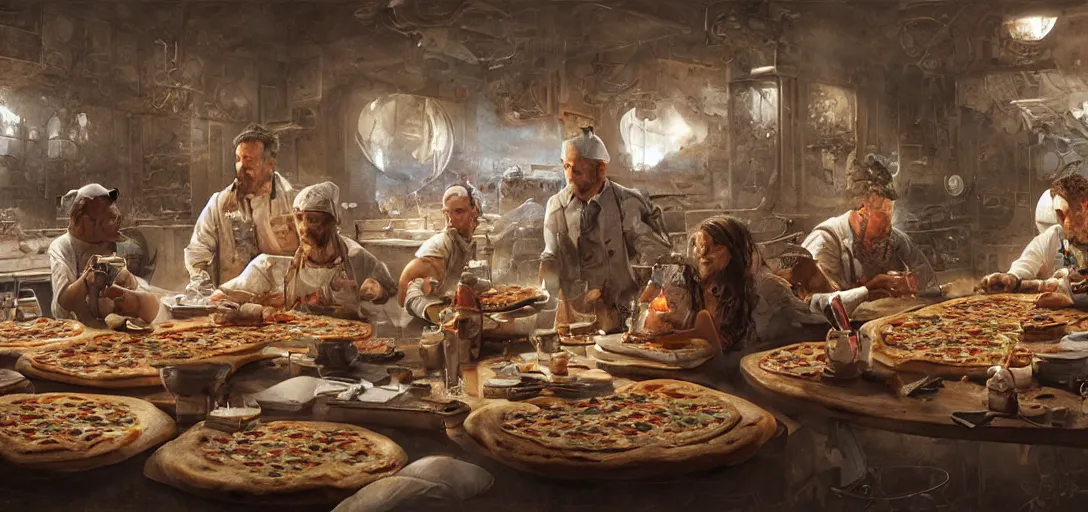 Image similar to the discovery of pizza, scientific, tools, happy chef, intricate, hyper detailed, 8k, james gurney, greg rutkowski, john howe, artstation