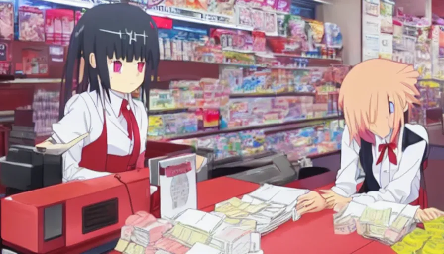 Prompt: Zero Two working the cash register at a rundown 7-Eleven by Ufotable