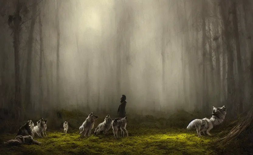 Image similar to spectral figures coming out of the fog with their pack of wolves, leaves and feathers twisted in their hair, moss growing on their clothes, destructive magic pulsing at their fingertips, wolves, glowing fingertips, a spectacular intricate moody biedermeier painting, cgsociety art