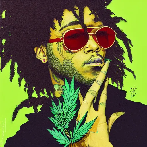 Prompt: profile picture for swae lee, marijuana organic painting, marijuana, matte, hiphop, hard edges, energetic, 3 d shapes, asymmetrical, smoke, green, highly detailed, by sachin teng