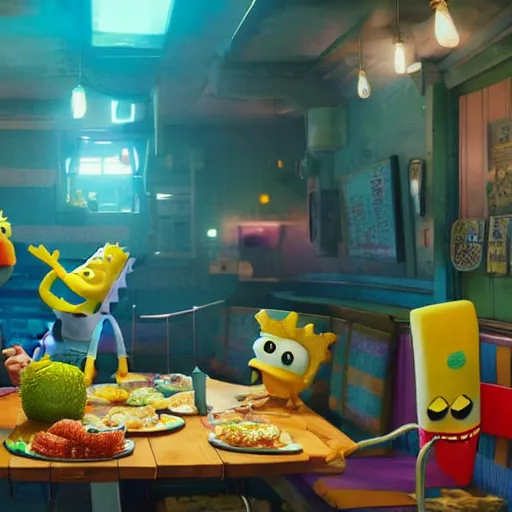 Image similar to hyperrealistic spongebob eating at the krusty krab, stunning 3 d render inspired by istvan sandorfi & greg rutkowski, perfect symmetry, dim volumetric cinematic lighting, 8 k octane comprehensive render, extremely hyper - detailed attributes & atmosphere, intricately proportional, realistic flesh texture, masterpiece, artstation, stunning,