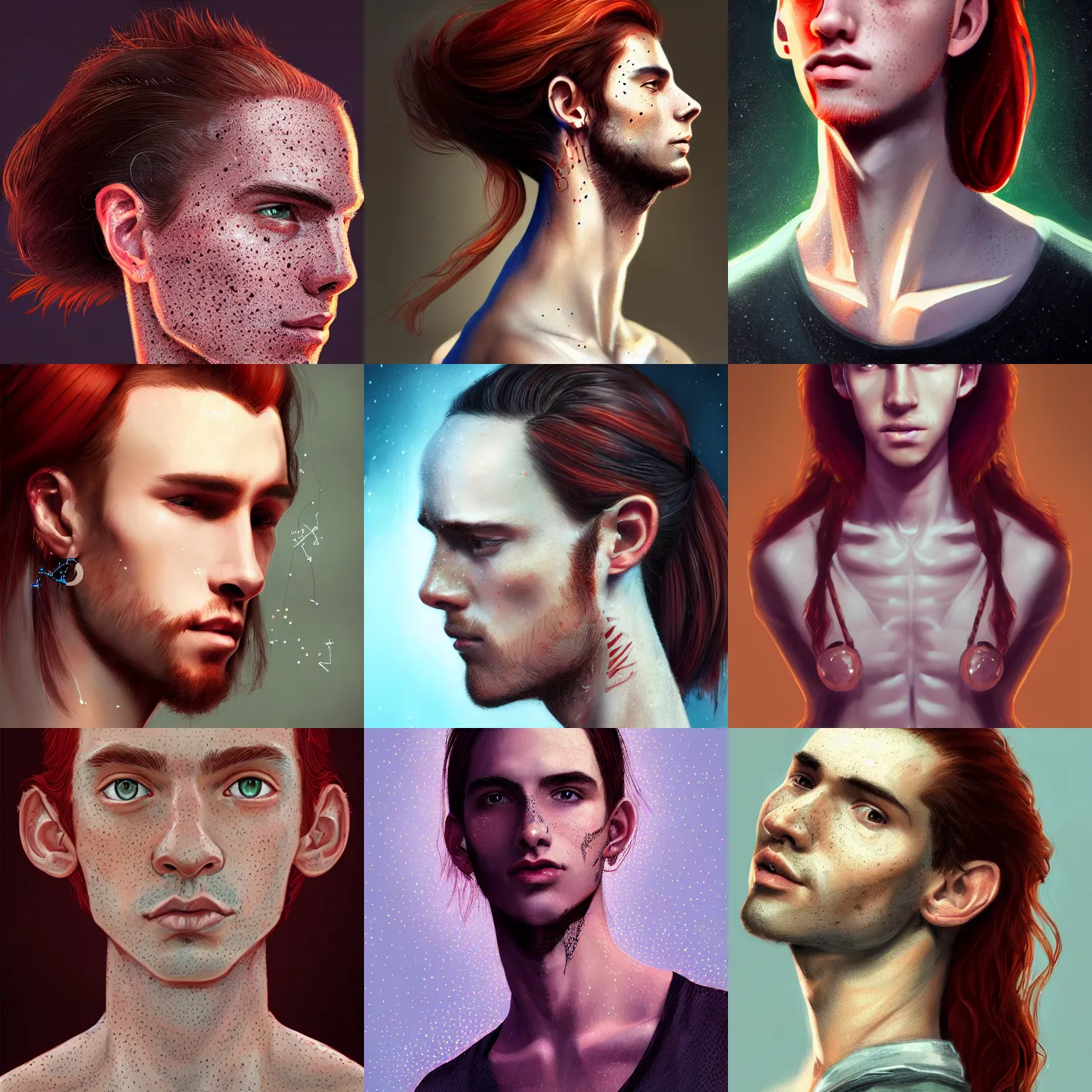 Image similar to portrait of a thin young man with long red hair, ponytail, a lot of freckles on his face, an earring, intricate, elegant, glowing lights, highly detailed, digital painting, artstation, concept art, smooth, sharp focus, illustration