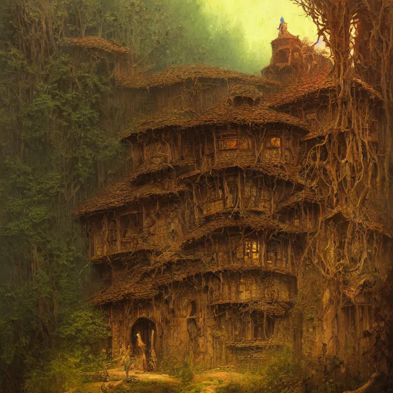 Image similar to a detailed painting inspired by moebius and beksinski of a medieval two floor building in the forest. fantasy poster. lord of the rings style. cinematic fantasy scene. fantasy. carl spitzweg. renaissance elements. renaissance element. oil painting. award winning. trending on artstation. 8 k