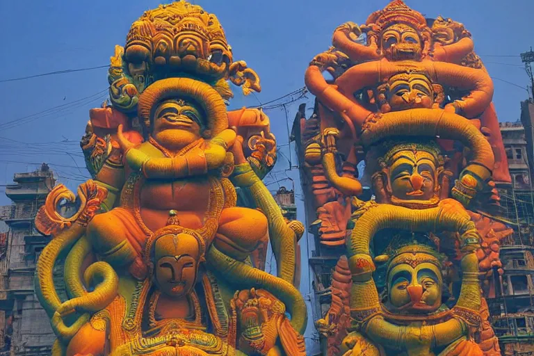 Prompt: dreamscape! mumbai with biomorphic hanuman!! head building, kalighat, octane highly detailed, cinematic smooth, stephen shore & john j. park, soft morning light, wide shot, high angle, uhd 8 k, deep focus