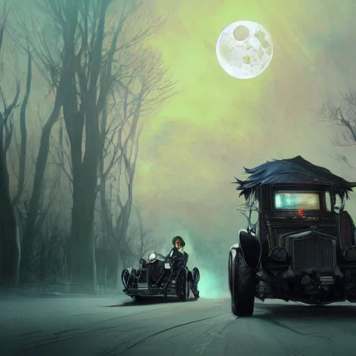 Prompt: the ultimate ghost hunters' vehicle driving on a road at night with full moon, highly detailed, digital painting, Artstation, concept art, smooth, sharp focus, illustration, art by Artgerm and Greg Rutkowski, Alphonse Mucha and Rossdraws