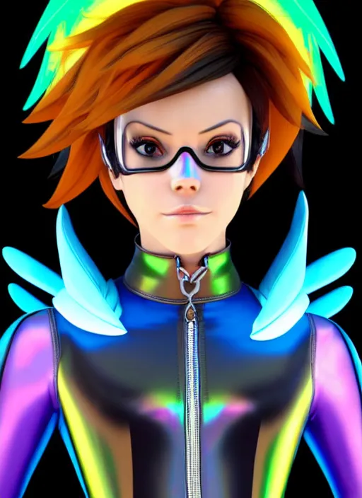 Image similar to portrait bust digital artwork of tracer overwatch, wearing iridescent rainbow latex and leather straps catsuit outfit, 4 k, expressive happy smug expression, makeup, in style of mark arian, angel wings, wearing detailed leather collar, chains, black leather harness, detailed face and eyes,