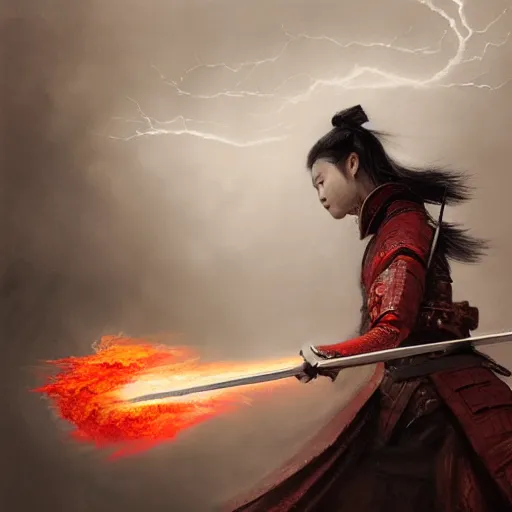 Prompt: a detailed picture of a female samurai holding a flaming katana, ominous nighttime storm, fantasy, d & d, intricate, elegant, highly detailed, digital painting, artstation, concept art, matte, sharp focus, illustration, art by greg rutkowski and rembrandt