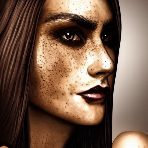 Prompt: pretty woman with long black hair, few freckles on face, suntanned skin, dark brown middle eastern eyes narrowed, scar on left side of neck, wearing black armor, digital art, hyperdetailed, hyperrealistic, 4 k, 8 k