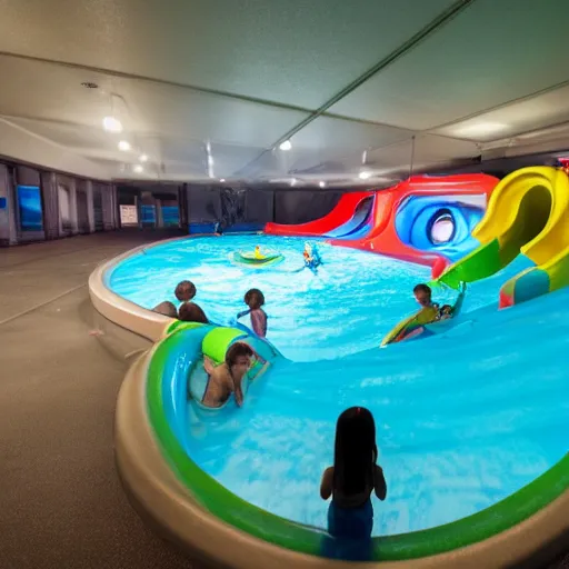 Image similar to dark, empty indoor children's water park with slides and other water features, night time, no lights, liminal space