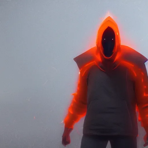 Image similar to villain wearing a red oni mask, orange jacket, dark background, unreal engine 5, ultra realistic, detailed, fog, volumetric lighting, by greg rutkowski,