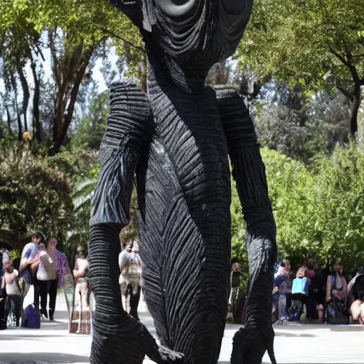 Prompt: giant sculpture of eldrich alien god, made of black stone, worshipped by crowd of neanderthals