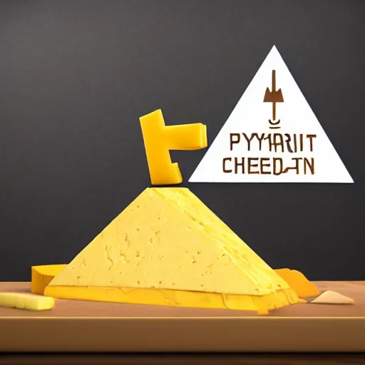 Image similar to Pyramid made of cheese, with a cat head on top, a giant guitar being played, atmospheric octane render