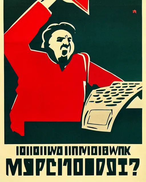 Image similar to soviet propaganda poster of an angry communist developer yelling at his computer