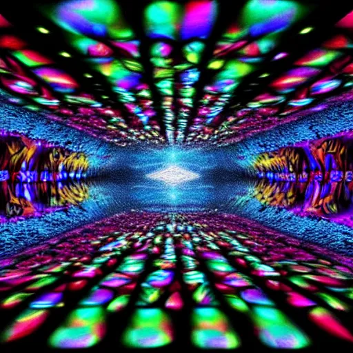 Image similar to underground cinema, psychedelic, colorfull lights, fractals, godrays