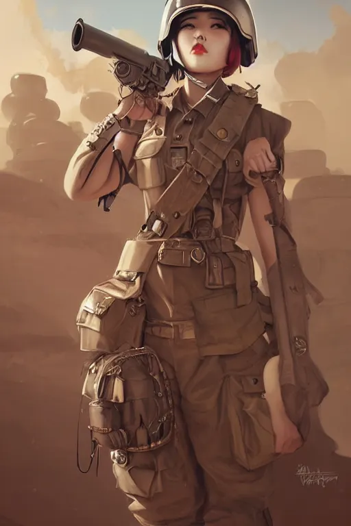 Image similar to dieselpunk blackpink jisoo as soldier girl, helmet, portrait, desert, armored, highly detailed, sharp focus, art, illustrations by rossdraws and ayanamikodon and wlop and irakli nadar and loish