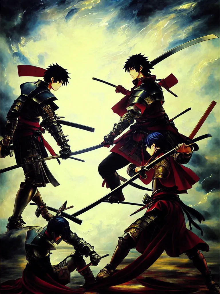 Prompt: baroque oil painting of key visual samurai duel, samurai armor, rain, brutalist fantasy, style of makoto shinkai takashi takeuchi yoshiyuki sadamoto, fate stay night