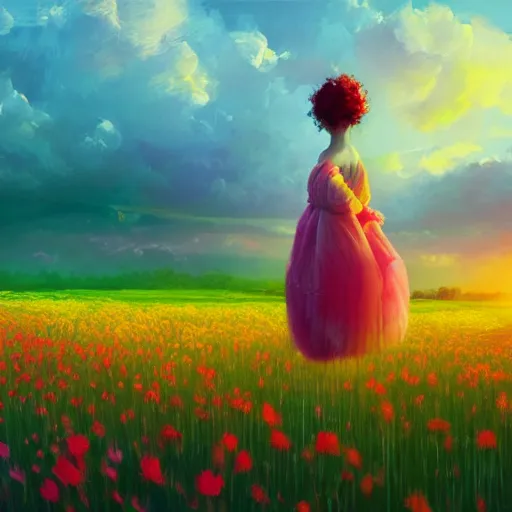 Image similar to large flower head, girl floating in a flower field, surreal photography, sunrise dramatic light, impressionist painting, colorful clouds, digital painting, artstation, simon stalenhag