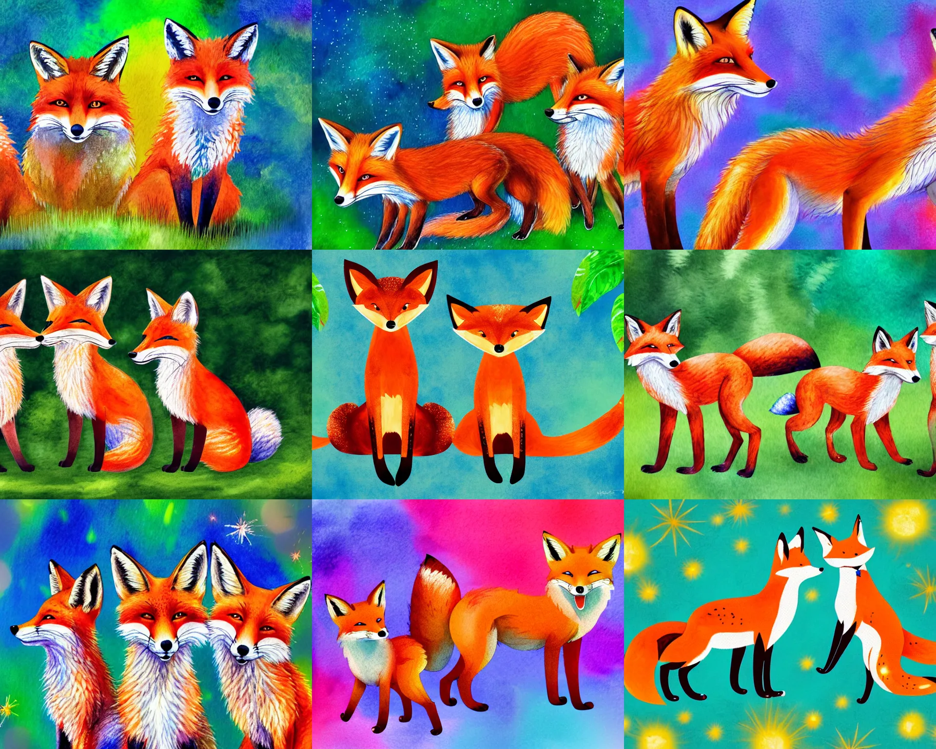 Prompt: 3 foxes of different color celebrating a birthday party, ultra hd, rich aquarel, dynamic lighting, intricate detail, summer vibrancy, fur visible, cinematic, nature background