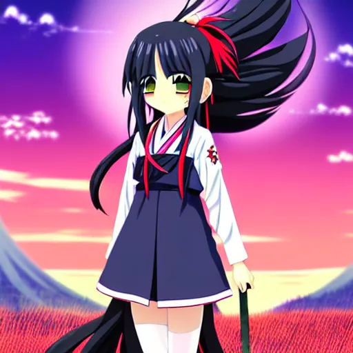 Prompt: A cute young anime girl with long indigo hair, wearing a red shrine maiden uniform, in a large grassy green field, there is a cat next to her, shining golden hour, she has detailed black and purple anime eyes, extremely detailed cute anime girl face, she is happy, child like, Japanese shrine in the background, Higurashi, black anime pupils in her eyes, Haruhi Suzumiya, Umineko, Lucky Star, K-On, Kyoto Animation, she is smiling and happy, tons of details, stretching her legs on the grass, doing splits and stretching, chibi style, extremely cute, she is smiling and excited, her tiny hands are on her thighs