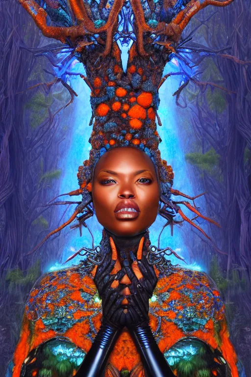 Image similar to hyperrealistic post-maximalist super expressive! black woman with exoskeleton armor, merging with tree in a forest, highly detailed digital art masterpiece smooth cam de leon hannah yata dramatic pearlescent blue orange light ground angle hd 8k sharp focus