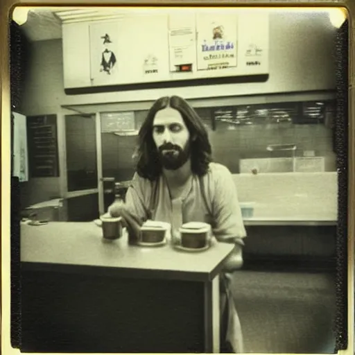 Prompt: jesus taking a lunch break at his day shift at mcdonald ’ s circa 1 9 8 0, polaroid image