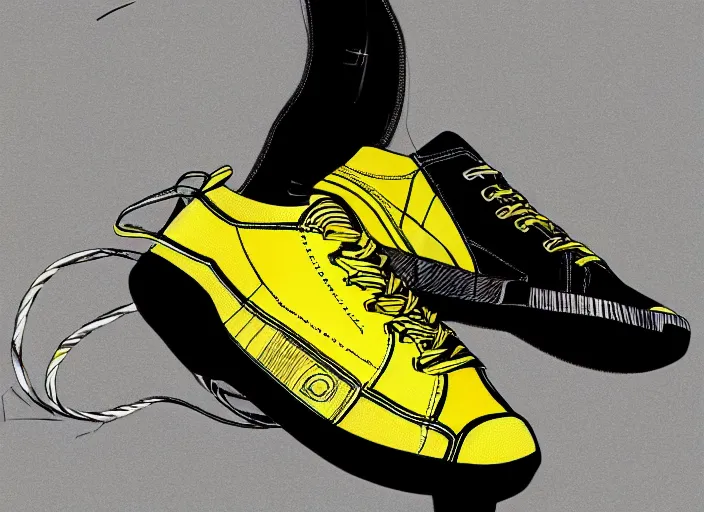 Image similar to sneaker concept, wth short golden lines, yellow details, highly detailed, digital art, sharp focus, trending on art station, anime art style