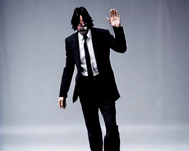 Image similar to keanu reeves bowing down, realistic, award winning photograph, 1 0 0 mm