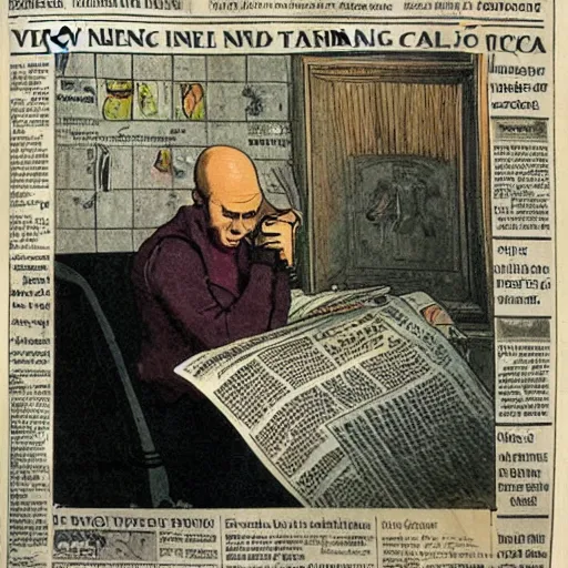 Image similar to Vecna, drinking tea, reading a newspaper