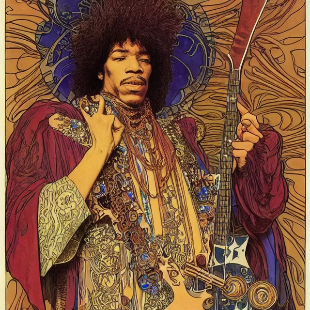 Image similar to artwork by Franklin Booth and Alphonse Mucha and Moebius showing a portrait of Jimi Hendrix as a futuristic space shaman, futuristic electric guitar