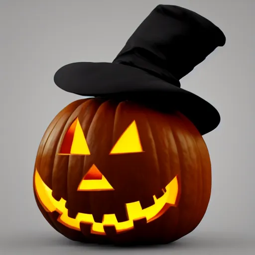 Prompt: a halloween pumpkin wearing a black hat, an ambient occlusion render by master of saint giles, polycount contest winner, sots art, rendered in maya, sketchfab, ambient occlusion